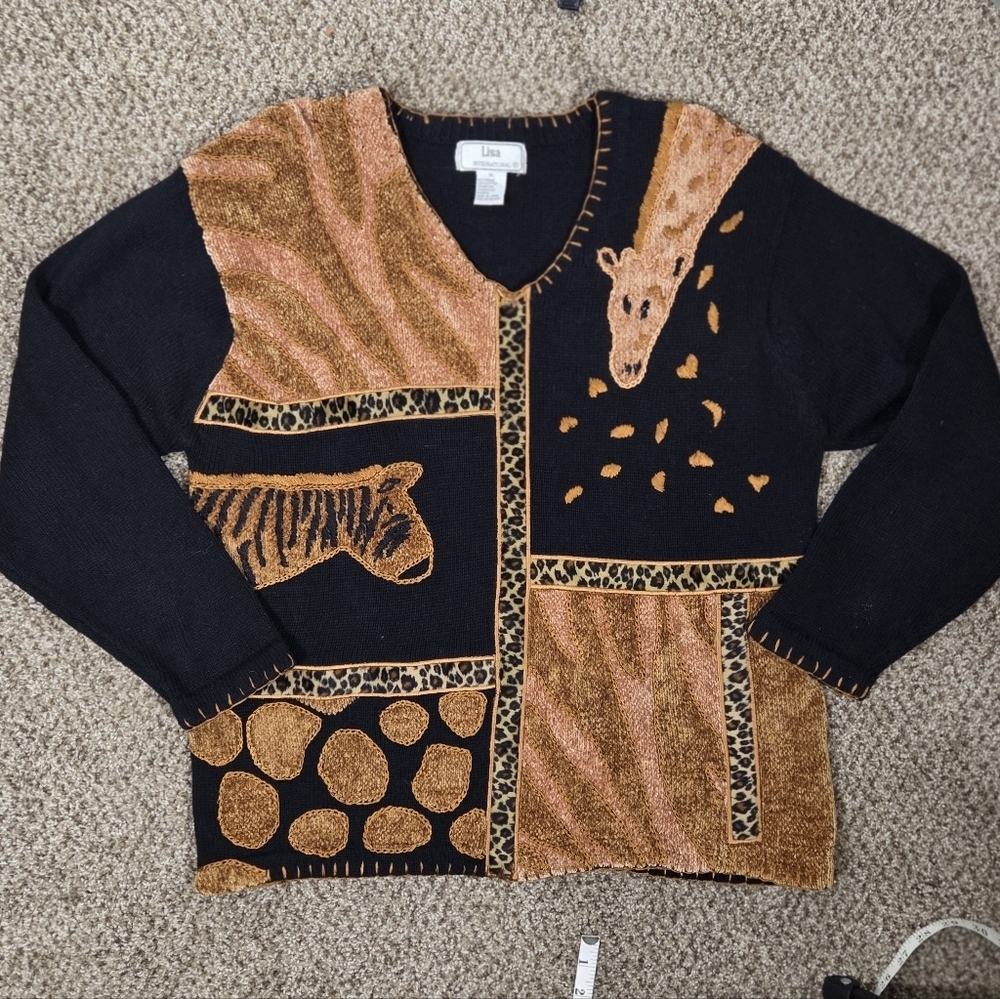 Vintage Lisa International Safari Jungle Africa Animal Print Sweater Women's XL